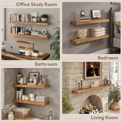Marsmiles 30 inch Floating Shelves for Wall Solid Elm Wood Shelves|Rustic Wall Shelves with Invisible Heavy-Duty Bracket for Bathroom Living Room Kitchen|Natural, 2 Pack