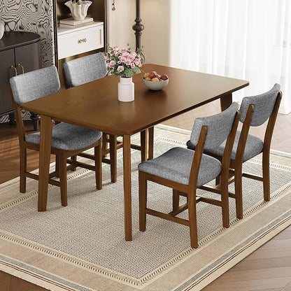 VilroCaz Rustic 5-Piece Dining Set, Solid Wood Rectangle Table with 4 Upholstered Chairs, Farmhouse-Style Dining Furniture for Kitchen & Dining Room, Minimalist Dining Set for 4 (Walnut-1.21)