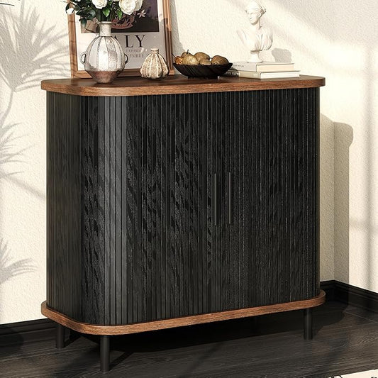UNIQUITE Fluted Sideboard Buffet Cabinet, 31''W Storage Cabinet with Sliding Door, Coffee Bar Buffet Cabinet for Living Room, Kitchen, Entryway, Black