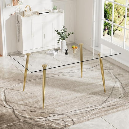 Baysitone Glass Dining Table for 4 with 63 inch Clear Rectangular Glass Top, 0.31" Modern Tempered Glass Kitchen Table Furniture with 4 Gold Plating Metal Legs for Home Dining Room