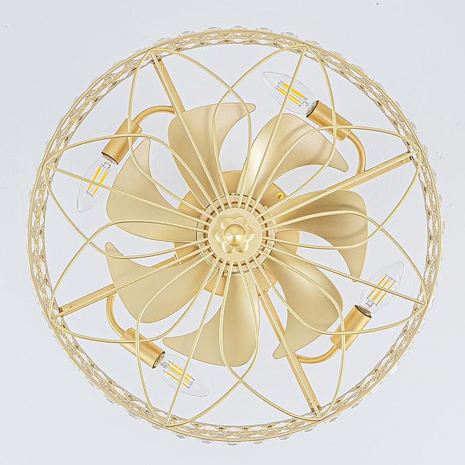 Fandelier Ceiling Fan with Light, Crystal French Glam Chandelier Fan, Decorative Bladeless Enclosed Caged Pendant Light Fixture for Girls Room, Bedroom, Dining Room, Kitchen Island