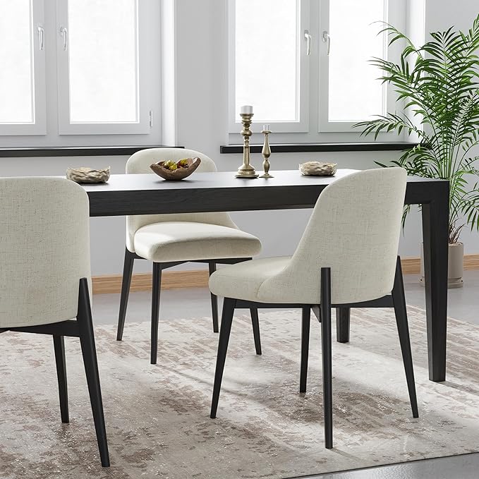 Wood Dining Chairs Set of 2, Modern Fabric Upholstered Kitchen Side Chairs with Black Wood Legs, Comfy Armless Side Chair for Living Room, Restaurant