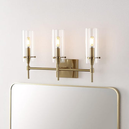 JONATHAN Y 21.25" Brass Gold/Clear Modern Farmhouse LED Vanity Light Sconce, Clear Glass Cylinder Shade, Wall Lamp for Bathroom Mirror Hallway Entryway, LED Bulb Included (JYL7807C)