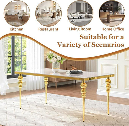 70 Inch Glass Dining Table for 6-8, Luxurious Rectangular Kitchen Table with White Tempered Glass Top, Gold Stainless Steel Legs for Dining Room, Restaurant, Living Room
