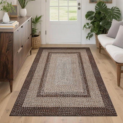 Printed Washable Area Rugs 4x6 Rug for Living Room Indoor Mats for Entryway Soft Bedroom Rug Non Slip Modern Braided Farmhouse Throw Rugs Low Pile Stain Resistant Carpet 4'x6' Dark Brown