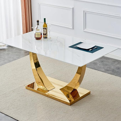 AZmac 63'' White Dining Table, Faux Marble Dining Room Table for 4-6, Tempered Glass Dinner Table with Gold U Shaped Legs for Kitchen Dining Room