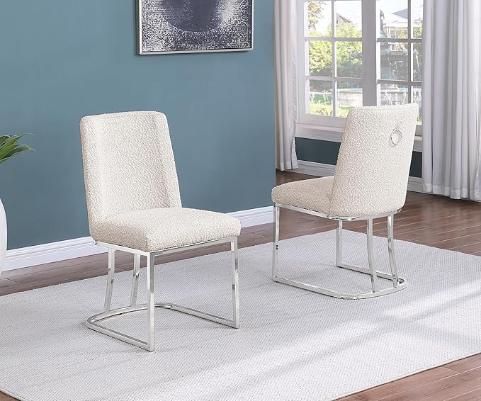 Modern Chairs Set of 2, Chrome Side Chairs & Counter Stools with Ring Pull Back, Luxury Upholstered Chairs for Kitchen Island, Dining Room & Home Bar (Boucle, Cream/Silver, Side Chair)