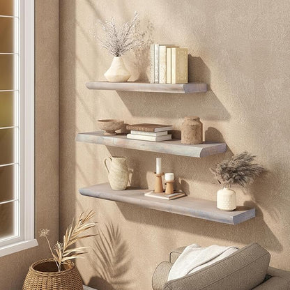 Live Edge Floating Shelves Set of 2, 36 Inch Solid Elm Wood Wall Shelves - Invisible Bracket Mount for Living Room, Bedroom, Kitchen, Bathroom | Weathered Gray