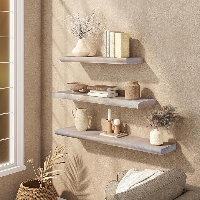 Live Edge Floating Shelves Set of 2, 32 Inch Solid Elm Wood Wall Shelves - Invisible Bracket Mount for Living Room, Bedroom, Kitchen, Bathroom | Weathered Gray