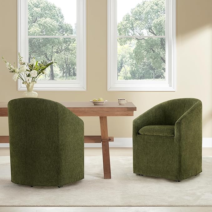 KISLOT Upholstered Dining Chairs with Casters, Washable Cover Modern Dining Room Chairs with Barrel Backrest & Dual Armrest for Kitchen, Living Room, Bedroom, Green Fabric, 2PCS