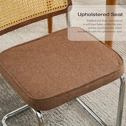 Rattan Back Linen Dining Chair Set of 2 Modern Breuer Designed Stainless Chrome Base Armless Upholstered Dining Chair for Dining Room, Kitchen Island(Coffee)