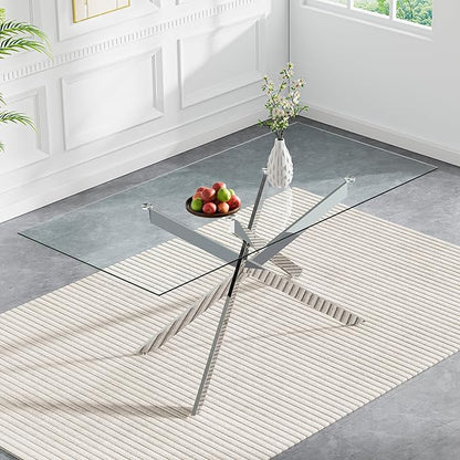 61" Glass Dining Table for 6, Modern Kitchen Dining Room Table with Rectangular Tempered Glass Top and X Metal Legs, Large Silver Glass Dinner Table for Kitchen