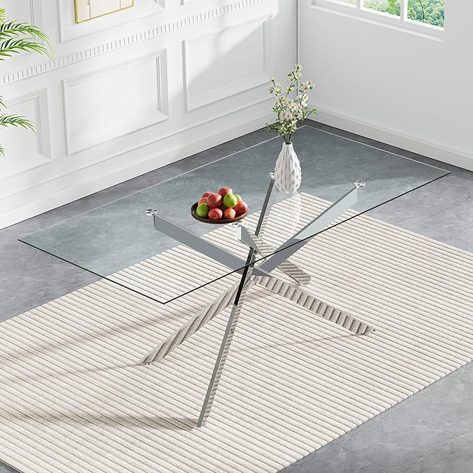 Silver Glass Dining Table for 6 Modern 60.6" Rectangular Kitchen Dining Room Table for 4-6 with X-Shape Metal Base Large Clear Glass Top Dining Tables for Home Kitchen