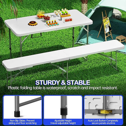 Folding Table 4 Foot for Indoor Outdoor, Portable Heavy Duty Fold-in-Half Utility Small Plastic Adjustable Height Folding with Carrying Handle for Picnic and Party, White