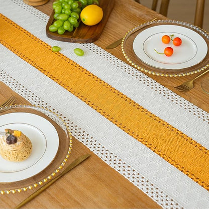 FEXIA Boho Table Runner for Fall Home Decor with Tassels 72 Inches Long Farmhouse Yellow Rustic Table Runner Macrame Burlap Table Decoration for Living Room Bridal Shower(12x72 Inches)
