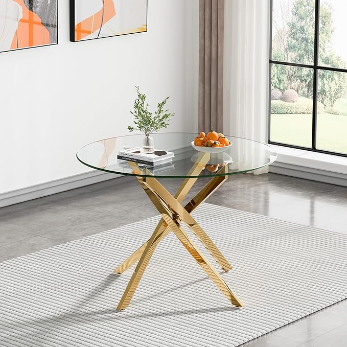 Round Dining Table, 36 Inch Glass Kitchen Table for 4 People, Tempered Glass Dinner Room Table with Gold X Metal Legs, Modern Circle Small Coffee Table for Home Dining Room Kitchen Restaurant