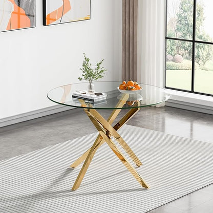 Round Dining Table, 36 Inch Glass Kitchen Table for 4 People, Tempered Glass Dinner Room Table with Gold X Metal Legs, Modern Circle Small Coffee Table for Home Dining Room Kitchen Restaurant