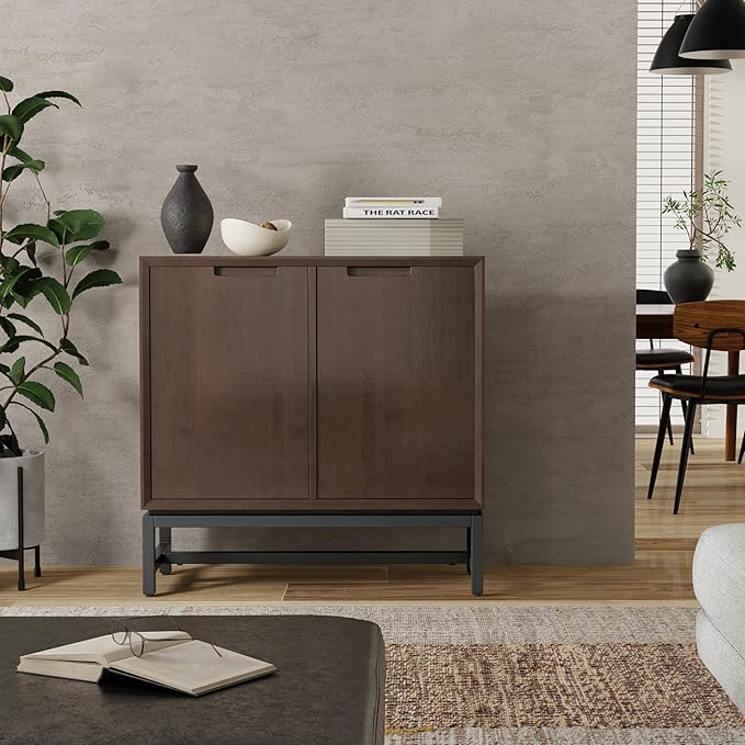 SIMPLIHOME Banting Storage Cabinet - 32 inch Wide Solid Wood Low Cabinet in Walnut Brown, Modern Industrial Sideboard for Living Room, Entryway, or Dining Room with Metal Base and Adjustable Shelves