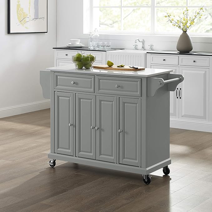Crosley Furniture Full Size Stone Top Rolling Kitchen Island Storage Cart, Microwave Stand, Spice Rack, Gray