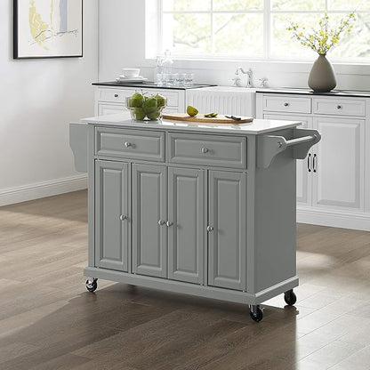 Crosley Furniture Full Size Stone Top Rolling Kitchen Island Storage Cart, Microwave Stand, Spice Rack, Gray