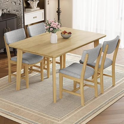 VilroCaz Rustic 5-Piece Dining Set, Solid Wood Rectangle Table with 4 Upholstered Chairs, Farmhouse-Style Dining Furniture for Kitchen & Dining Room, Minimalist Dining Set for 4 (Natural-1.21)