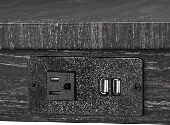 Ball & Cast 4 Piece Industrial Wooden Kitchen Island Table Chairs Sets w/Charging Station, 3pcs Upholstered Backless Counter Stools & 59" Bar-Table Built-in Electrical Outlets and 2 USB Ports,Black