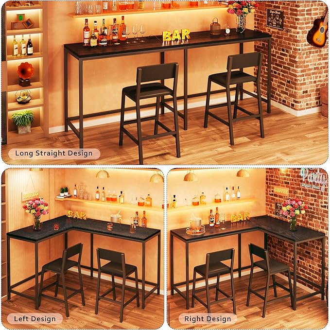 Bar Table and Chairs Set, 3 Piece Convertible L-Shaped Kitchen Table with 2 PU Leather Bar Stools, 63‘’ Counter Height Small Dining Table with Power Outlets, Space Saving, Breakfast Nook Corner, Black