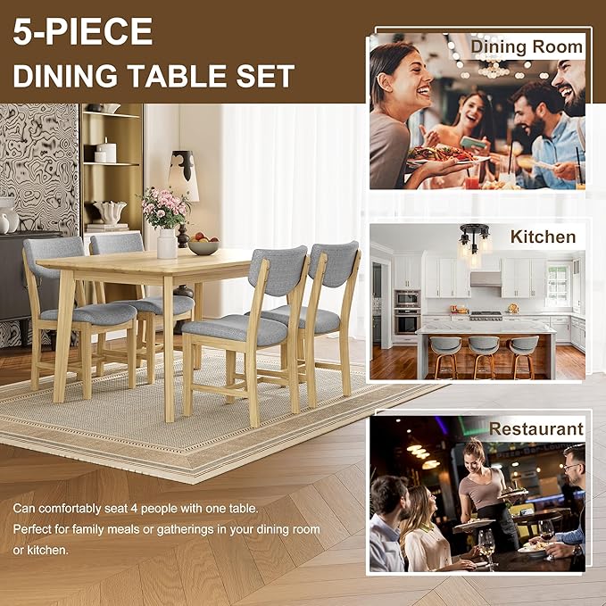 VilroCaz Rustic 5-Piece Dining Set, Solid Wood Rectangle Table with 4 Upholstered Chairs, Farmhouse-Style Dining Furniture for Kitchen & Dining Room, Minimalist Dining Set for 4 (Natural-1.21)