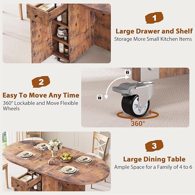 Jocoevol Round Folding Dining Table for 6, Space Saving Drop Leaf Kitchen Table with Storage Drawer, 6 Wheels Oval Gateleg Foldable Dining Table for Small Spaces (Vintage, 51" x 31.5" x 30")