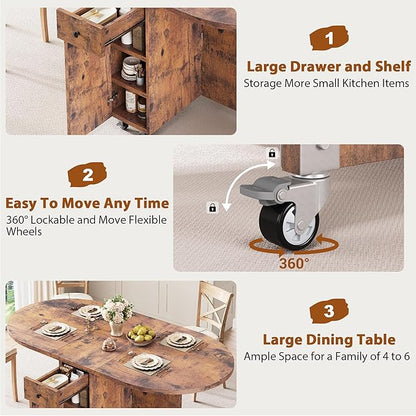 Jocoevol Round Folding Dining Table for 6, Space Saving Drop Leaf Kitchen Table with Storage Drawer, 6 Wheels Oval Gateleg Foldable Dining Table for Small Spaces (Vintage, 51" x 31.5" x 30")