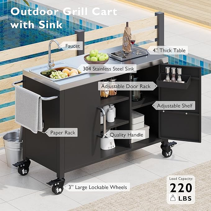 Modern Dining Table Outdoor Kitchen Island with Sink 55.5in, Metal Grill Cart Table with Stainless Steel Sink, Outdoor Bar Cart Sink Station with 4 Lockable Wheels for Pizza Prep,