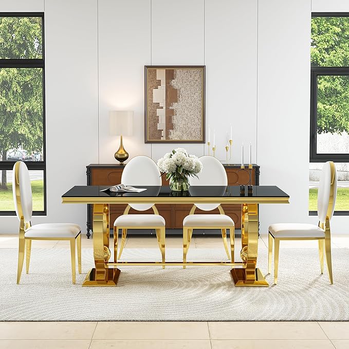 7-Piece Modern Luxury Dining Table Set, 70" Black Tempered Glass Kitchen Table with Gold Polished Stainless Steel U-Shaped Pedestal Base and 6 White PU Leather Chairs, for Dining Room and Kitchen