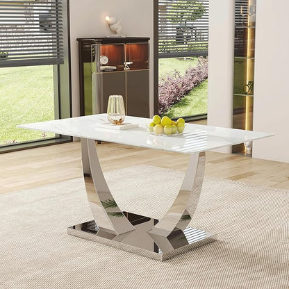 AZmac 63'' White Dining Table, Faux Marble Dining Room Table for 4-6, Tempered Glass Dinner Table with Silver Chrome U Shaped Legs for Kitchen Dining Room
