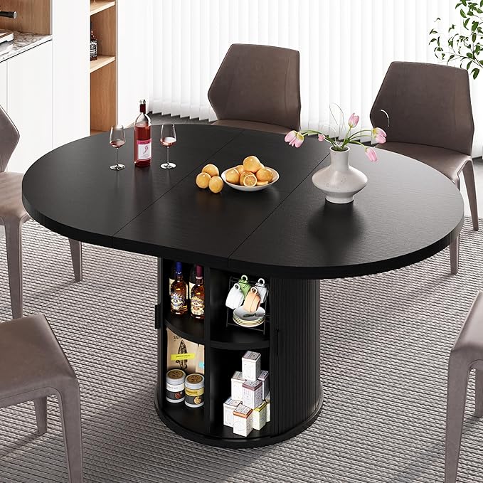 Dining Table for 4-6-8, 43-59" Extendable Round Dining Room Kitchen Table with Storage Shelf, Space Saving Expandable Wood Oval Circle Dinner Table with Pedestal Base for Kitchen Living Room (Black)