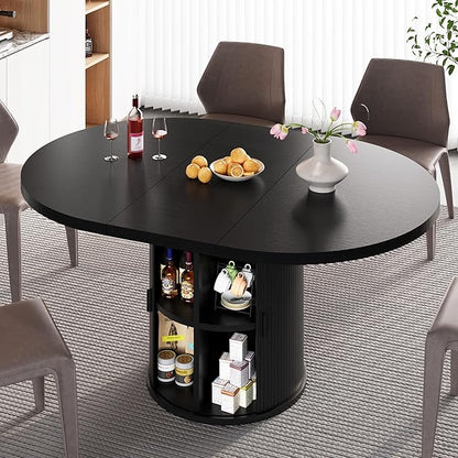 Dining Table for 4-6-8, 43-59" Extendable Round Dining Room Kitchen Table with Storage Shelf, Space Saving Expandable Wood Oval Circle Dinner Table with Pedestal Base for Kitchen Living Room (Black)