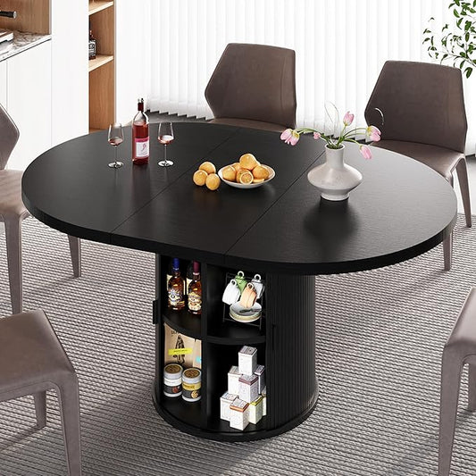 Dining Table for 4-6-8, 43-59" Extendable Round Dining Room Kitchen Table with Storage Shelf, Space Saving Expandable Wood Oval Circle Dinner Table with Pedestal Base for Kitchen Living Room (Black)