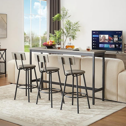 KEIKI Long Bar Table Set with 3 PU Upholstered Bar Stools, Industrial Counter Height Dining Table and Chair Sets for Kitchen, Living Room, Small Space, Grey