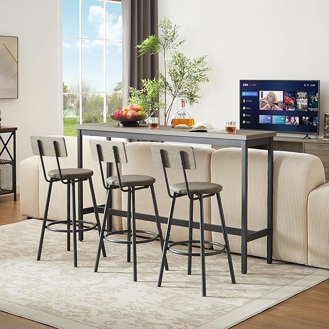 Long Bar Table Set with 3 PU Upholstered Bar Stools, Industrial Bar Table and Chairs for Kitchen Breakfast Table, Living Room, Banquet Hall, Rustic Gray and Black, 63″L x15.7"W x 37.5"H (Grey)