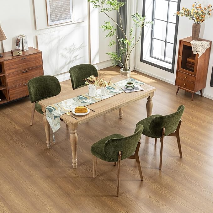 YOUNIKE Olive Green Dining Chair with High Back Set of 4 Mid Century Modern Kitchen Chair Boucle Fabric Upholstered Armless Accent Chair 20" Wide Padded Seat with Wooden Legs for Living Room Bedroom