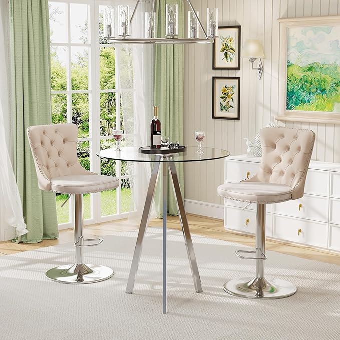Small Round Bar Table and Adjustable Barstools Set for 2, Glass Counter Height Table with 2 Velvet Bar Chairs Swivel Island Chairs for Bistro Pub (Silver Metal Legs, Clear Top + Beige Chair)