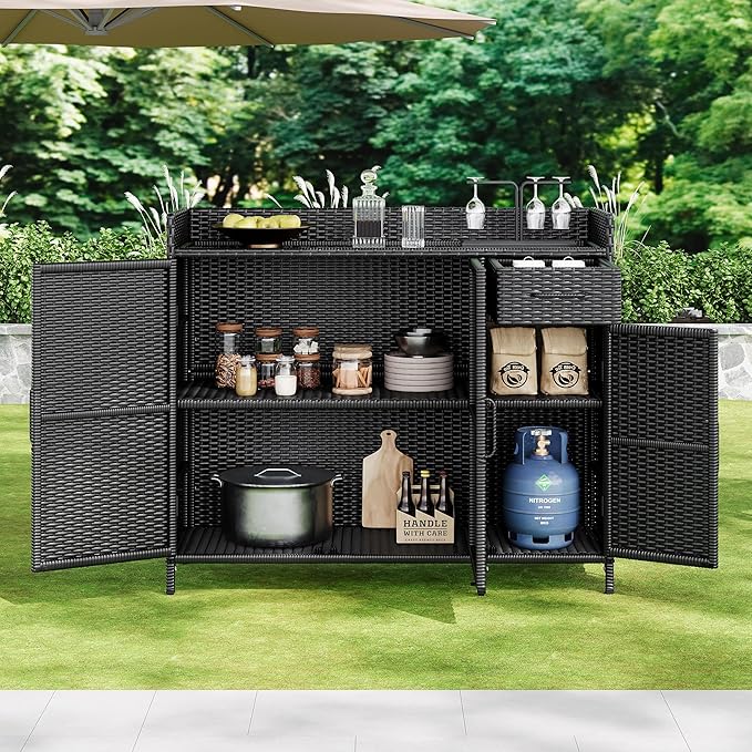 47.5 Inch Outdoor Storage Cabinet Wicker Buffet Table Patio Sideboard Tempered Glass Top Adjustable Shelves 3 Door Rattan Kitchen Island Drawer Dining Serving Console Metal Frame Black Brown