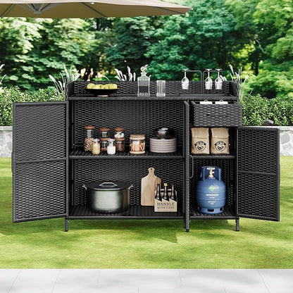 47.5 Inch Outdoor Storage Cabinet Wicker Buffet Table Patio Sideboard Tempered Glass Top Adjustable Shelves 3 Door Rattan Kitchen Island Drawer Dining Serving Console Metal Frame Black Brown