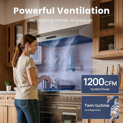 VIKIO HOME 30 inch Range Hood Stainless Steel(PVD), Black Stove Hood with 1200 CFM with 1.5 Sones Quiet,3 Speed Exhaust Fan Hood Vents for Kitchen,Under Cabinet Range Hood with GU10 LED Lights