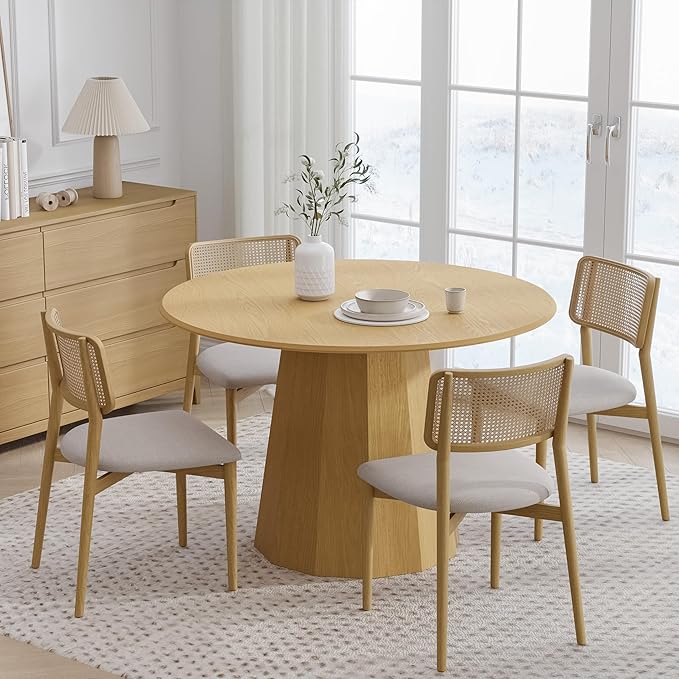 Casaphoria 46" Round Dining Table, Modern Wood Kitchen Table with Cone Shaped Strip Polygonal Base for Living Room & Dining Room, Easy Assembly Farmhouse Furniture for 4-6, Oak