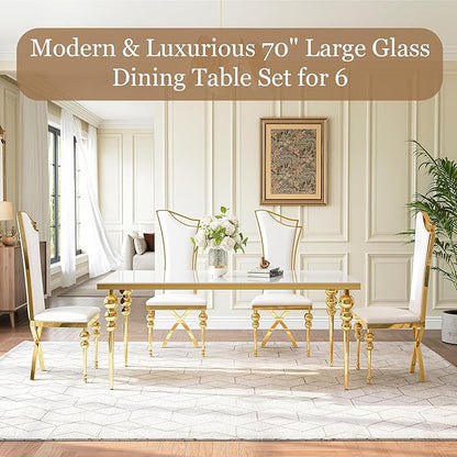 Glass Dining Table Set for 6, Luxurious 70 Inch Rectangular Kitchen Table with White Tempered Glass Top, 6 White PU Leather Cushion Chairs for Dining Room, Restaurant, Living Room