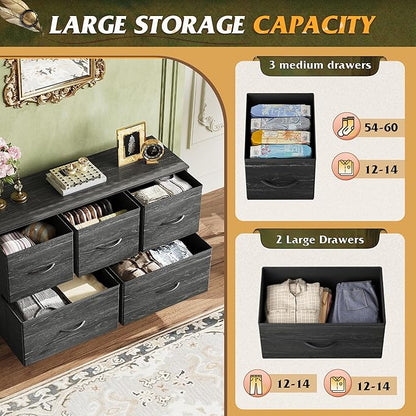 WLIVE Dresser for Bedroom with 5 Drawers, Long Storage Dresser, Fabric Dressers, Storage Drawer Unit with Fabric Bins for Closet, Hallway, Charcoal Black Wood Grain Print, Size L
