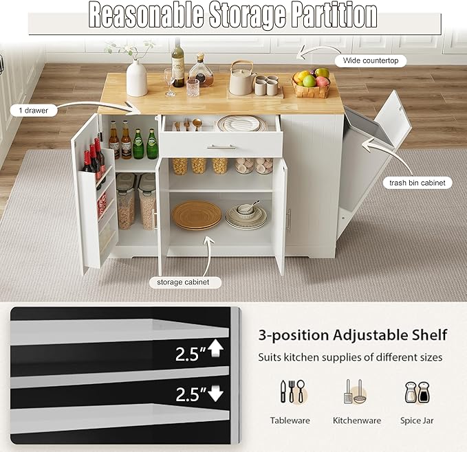 53 inch Large Kitchen Island Cart with Trash Can Storage Cabinet,Drawer and Adjustable Shelves,Breakfast Bar Cabinet for 13 Gallon Garbage Bin (White+Oak@w)