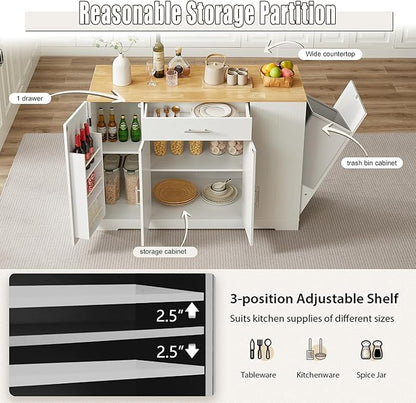 53 inch Large Kitchen Island Cart with Trash Can Storage Cabinet,Drawer and Adjustable Shelves,Breakfast Bar Cabinet for 13 Gallon Garbage Bin (White+Oak@w)
