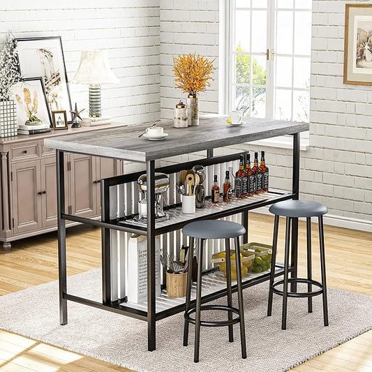 AWQM Kitchen Island with Seating & Storage Shelf, Modern Bar Table and Chairs Set for 2, Wooden Island Table for Kitchen, Dining Table Set for Small Space, Grey