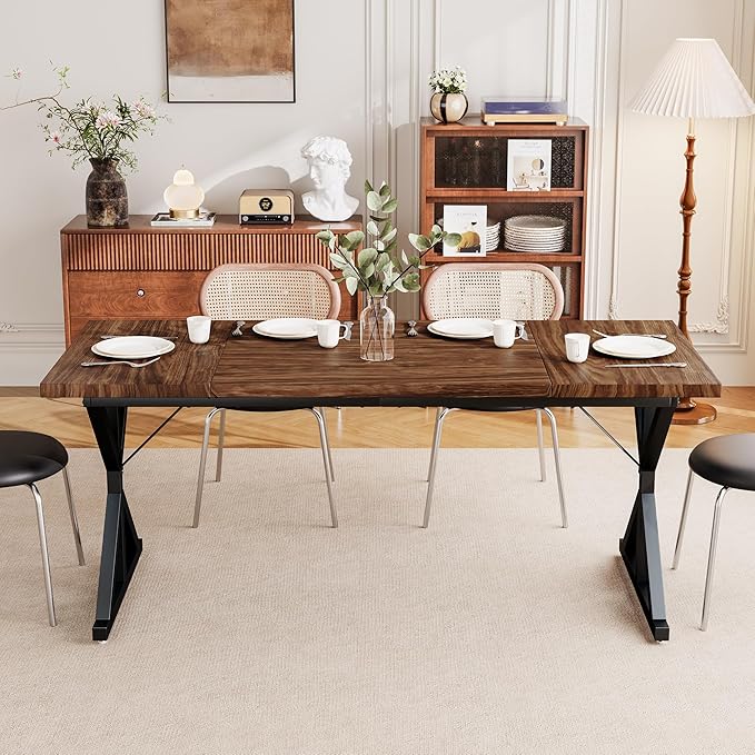 Farmhouse Dining Table for 6 People, 70.8 Inch Rectangular Wood Dining Table, Rustic Kitchen Table with Extra Heavy Duty Metal Legs for Dining Room-Walnut